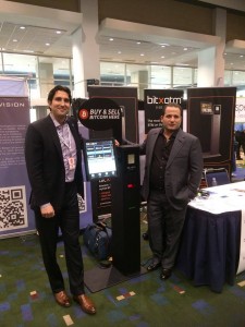 Blockchain.info legal counsel Marco Santori (left) visits the BitXatm/CryptVision booth at a trade show. Source: https://twitter.com/cryptvision